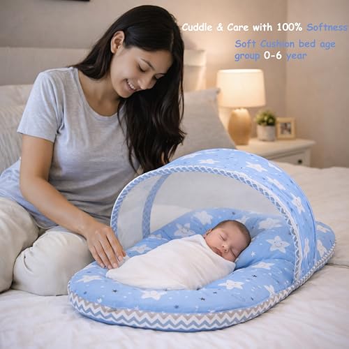 Image of Fareto Combo of Baby Bed with Net | Carry Bag | 4 Pcs Bedding Set (0-6 Months, Baby Size, Cotton) (Cloud Blue)