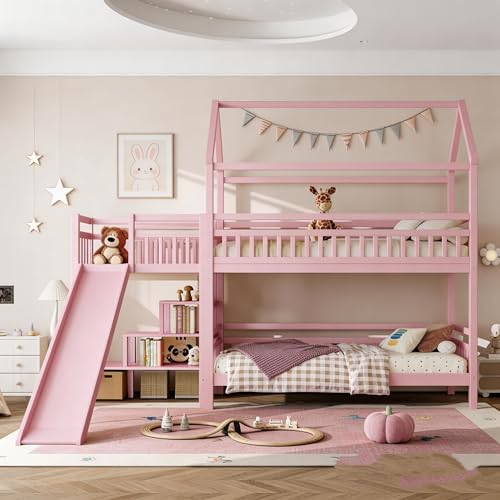 LUMISOL Twin Over Twin House Bunk Bed with Slide, Woode House Bunk Bed with Storage Stairs and Shelves, Wood Bunk Beds with Convertible Slide and Stairs Design for Kids, Pink