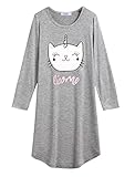 Arshiner Girls Nightgowns Long Sleeve Print Pajamas Nightdress for Kids Soft Sleep Wear Nighties(Grey/Smiley Cat, 4-5T