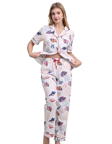Image of NAP BOUND 100% Cotton Women's Pajama Sets Short Sleeve Button Down Soft Pjs 2 Piece Lounge Set with Pocket Nightwear XS-XXL
