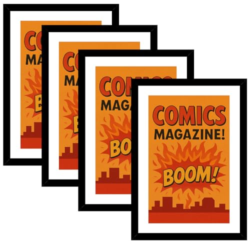 4 Pack Comic Book Frame Fits Current up to 6 3/4 x 10 1/4 Comic Book with Mat Or 8x12 Photos Without Mat Comic Book Display Frame with Shatter Resistant Plexiglass for Wall and Tabletop Black