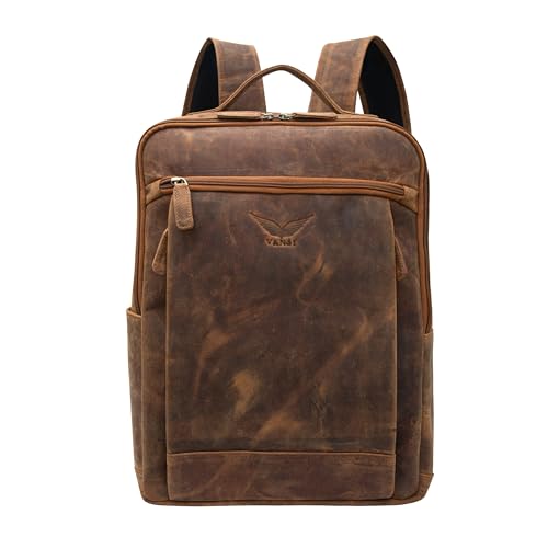 VANSI Genuine Hunter Leather Men Women Laptop Backpack Travel School College Office Travel (TAN)