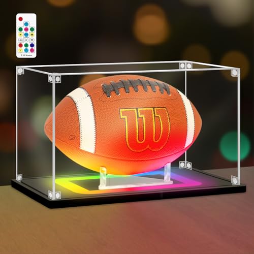 Nonemey Fútbol Vitrina con Luces de Colores, UV Protegido acrílico fútbol Caja con Base Base Negra, Vitrina para Recuerdos Deportivos autografiados fútbol Regalos, 32x19x19 cm