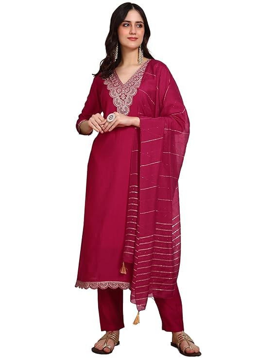 Image of Women's Viscose Rayon Embroidered Kurta Pant Set with Dupatta
