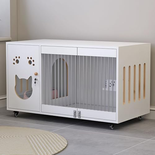 Maison for chat en bois blanche avec griffoir et roulettes - 2
