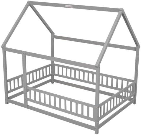 Miniatura 22 de Cama de suelo de tamaño matrimonial con valla para niños pequeños, cama Montessori con techo de casa, marco de cama de piso de madera matrimonial