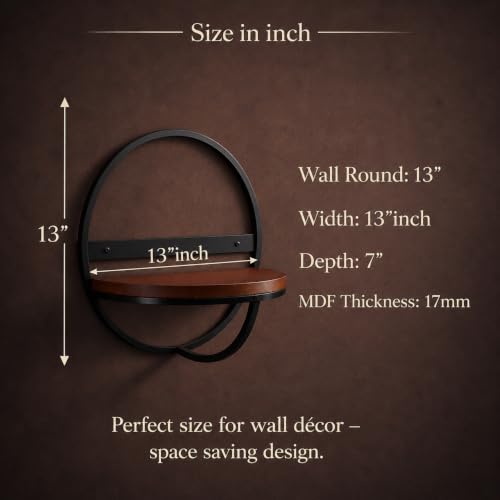 Image of Modern Round Floating Wall Shelf - 13 Inch Black Iron & Wood Decorative Wall Mount Display Rack for Home Decor