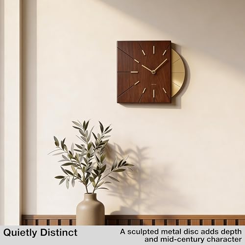 Image of Driini Wood and Gold Mid Century Modern Wall Clock, Battery Operated | Square MCM face with a minimalist midcentury look. Contemporary decorative analog design for kitchen, office or living room