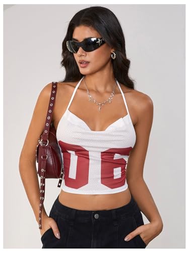 MakeMeChic Women's Y2k Jersey Shirts Letter Print Top Halter Top Draped Tie Backless Lace Up Tank Crop Tops3
