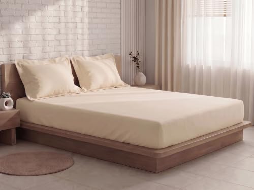 Image of SleepyCat 300 TC Cotton-Soft Microfiber Bedsheet with 2 Pillowcases|Wrinkle-Free|300 TC Plain Weave|No Creases, No Shrinkage|No Colour Fading|150 GSM|Cream|Fits Mattress Upto 8 Inches|Double