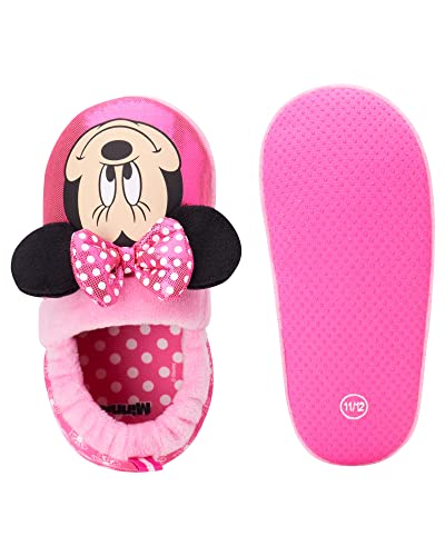 Disney Girls' Minnie Mouse Slippers - Plush Fuzzy Slippers, Non-Skid Sole (Toddler/Little Girl/Big Girl), Size 11-12, Girls' Minnie Mouse Pink #TOP4