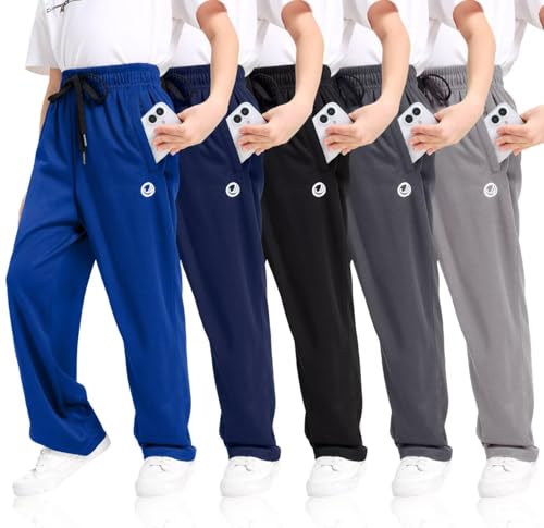 OCYMA Paquete de 5 pantalones deportivos para niños con bolsillos con cremallera, pantalones deportivos de malla atlética para niños de 5 a 24 años, Negro, gris oscuro, gris claro, azul marino, azul