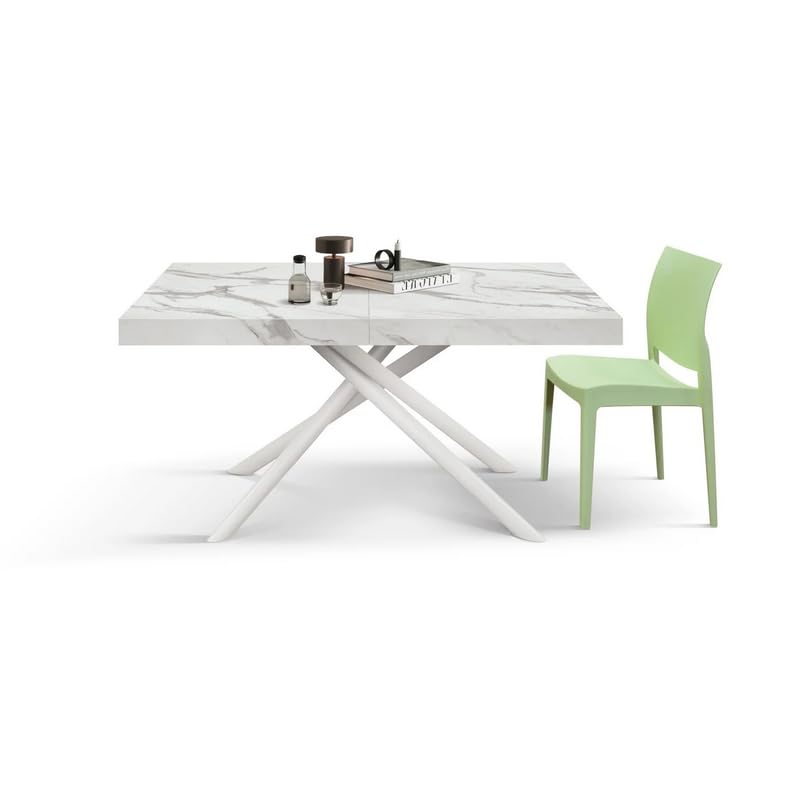 KONTE.DESIGN Tavolo CARRARA in legno, finitura bianco statuario e gambe in metallo bianco, allungabile 160x90 cm - 240x90 cm