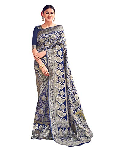 Sarees for Women Banarasi Art Silk Woven Saree || Indian Wedding Gift Sari with Unstitched Blouse Navy Blue