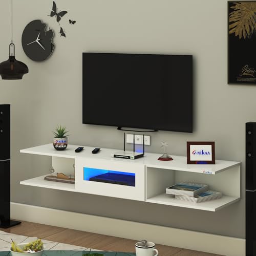 Image of Anikaa Vetra Wall Mount Modern Floating TV Unit for Living Room with Open Shelf Storage Cabinet & Middle Cabinet Blue LED Light (Ideal for 32 to 65 inch TV, DIY Installation, White Finish)