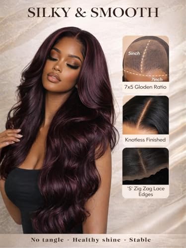 Image of Beauty Forever Bye Bye Knots Black Cherry Loose Body Wave Glueless Wigs Human Hair Pre Plucked Pre Cut 7x5 Lace Front Drawstring Wig with Face Framing Layers Put on and Go Wig 180% Density 26inch