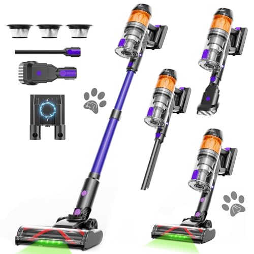 Stick Cordless Vacuum Cleaner, 500W 40Kpa Suction Lightweight Vacuum, 60-Min Runtime LED Display, 3 HEPA Filters & Brushes, 180° Lay-Flat, Anti-Tangle Brush, Wall-Mount Rechargeable,Purple