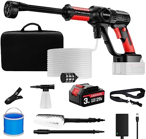 GardenJoy Cordless Power Pressure Washer - 21V Electric Washer with 3.0Ah Battery Powered 6-in-1 Nozzle Max 363 PSI 1.0 GPM, Portable Power Cleaner for Car Fence Floor Wall Cleaning & Garden Watering