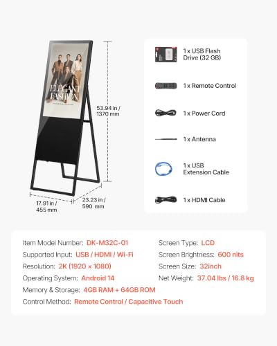 Image of VEVOR 32 in Indoor Digital Signage Floor Standing Advertising Display Kiosk, WiFi HDMI /USB Input Android OS, 178 Wide View, LCD Touchscreen Interactive Monitor, Commercial Totem Vertical Poster