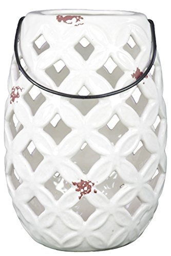 Urban Trends 13619 Farol Redondo de cerámica con diseño de Corte Diagonal, Fondo cónico y Asas de Metal, Acabado Brillante Blanco, 8.75' L x 5.75' W x 8.75' H