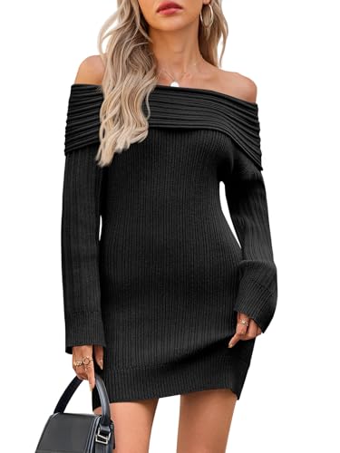 Saodimallsu Womens Off The Shoulder Mini Sweater Dress Bodycon Long Sleeve Ribbed Knit Fall Casual Short Dresses Black