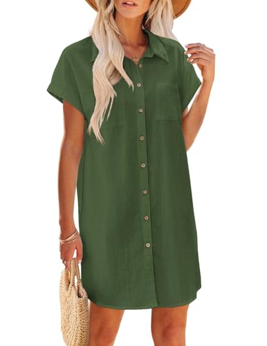 Zeagoo Linen Dress 100% Cotton Button Front V Neck Short Sleeve Womens Sundresses 2026 Casual Summer Petite Shirt Dress Mini Beach Cover ups ArmyS