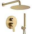 TIPOK Brushed Gold Shower System with 10 Inch Rain Shower Head and Handheld, Gold Shower Faucet Set Has High-Pressure Rain Showerhead and Pressure Balance Golden Brush Brass Valve for Shower Fixtures