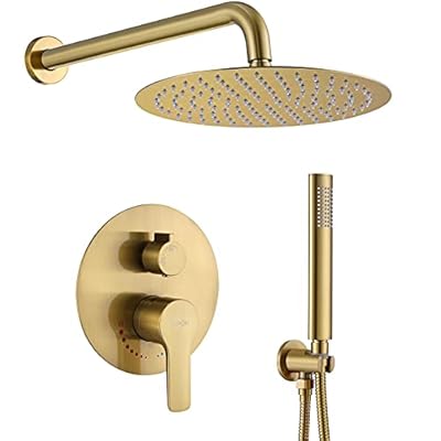 TIPOK Brushed Gold Shower System with 10 Inch Rain Shower Head and Handheld, Gold Shower Faucet Set Has High-Pressure Rain Showerhead and Pressure Balance Golden Brush Brass Valve for Shower Fixtures