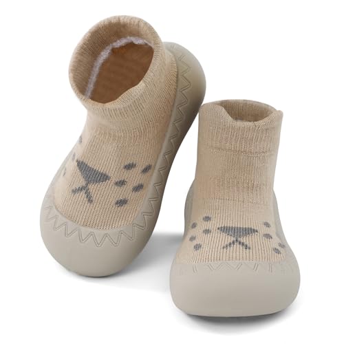 LACOFIA Zapatos Primeros Pasos Calzado Bebé Niños Niñas Calcetines Antideslizantes Bebé con Suela de Goma León Café 6-12 Meses
