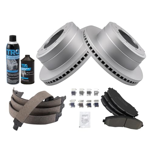 Image of TRQ Rear Brake Pad & Rotor Kit, with Chemical Kit Parking Brake Shoe Set Ceramic Premium G-Coated Compatible with 2013-2019 Ford F-350 Super Duty 2013-2014 F-450 Super Duty
