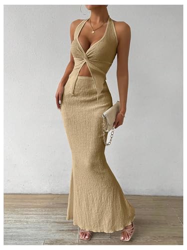 Image of SOLY HUX Women's Two Piece Outfits Twist Front Halter Cami Tops and Skirt Summer Set
