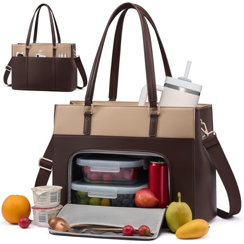 Image of LOVEVOOK Lunch Bag for Women, Leather Work Laptop Tote Bag with Insulated Lunch Compartment&Cup Holder, 17.3 Inch 2 in 1 Lunch Tote for Business, Teacher, Nurse, Office, College, Casual