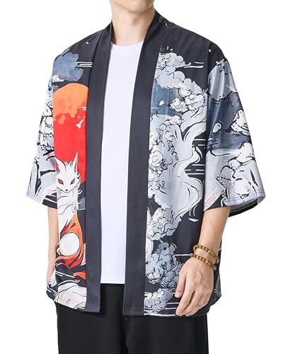 Image of Men's Japanese Kimono Robe Jacket Lightweight 3 /4 Sleeve Open Front Yukata | Silky Smooth Fashion Print Happi Coat Lightweight Breathable Loose Unisex Haori Casual Summer Cardigan Daily Beach Vacation