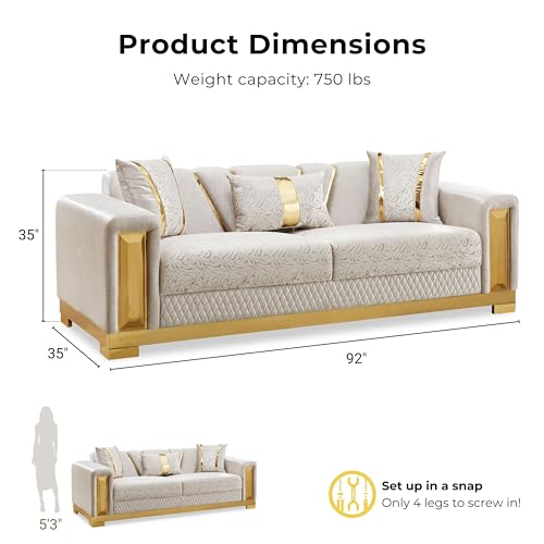 Image of Furniture of America Samison II Glam Solid Wood Upholstered Couch with Accent Pillows, Damask Pattern and Gold Base, Comfortable Sofa for Living Room, Bedroom, Office, Beige
