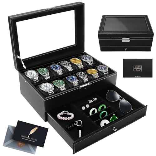 KIMIGO Caja de Relojes 2 Niveles con Tapa de Cristal y Cajón