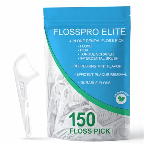 FlossPro Elite 150 Count Dental Floss Picks, 4-in-1 Floss Pick with Toothpick, Tongue Scraper & Interdental Brush, Mint Flavored Floss Pick