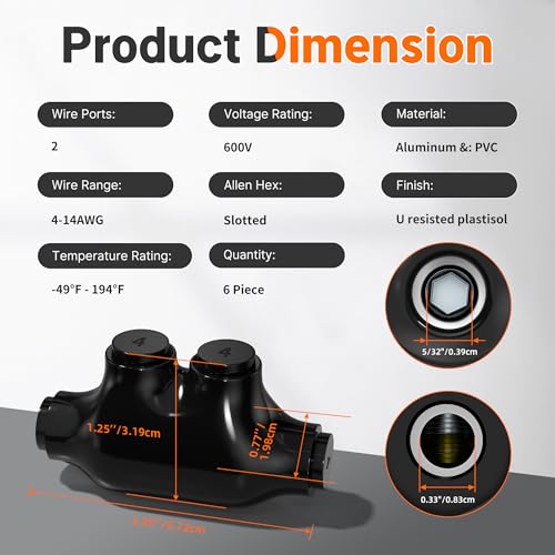 joinfworld 2 port inline splice connector 4-14 awg aluminum to copper wire connectors insulated wire connectors ul listed wire cable connectors with 53234 slotted allen hex - 6 pack