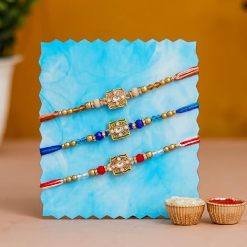 Image of Set of 3 Designer Rakhi for Brother | Combo with Fridge Magnet, Tilak Set (Roli-Chawal), and Greeting Card | Rakhi Set for Brother