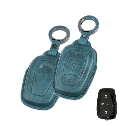 Image of Keyzone Vintage Leather Key Cover Compatible for Tata Nexon | Harrier | Safari | Altroz | Tigor | EV | Punch | Tiago EV Electric 4 Button Smart Key (Blue)