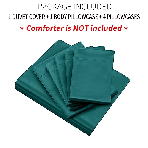 Image of Ersmak 6 Pieces Satin Duvet Cover King Size Luxury Silky Bedding Duvet Cover Set with 1 Soft Duvet Cover, 4 King Pillowcases and 1 Body Pillowcase, Teal