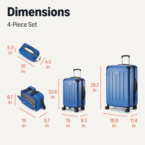 Image of Amazon Basics 4-Piece Hardside Luggage Set with Multidirectional Spinner Wheels, 22 inch Carry-On, 28 inch Checked Suitcase, 15 inch Tote Bag and 10 inch Travel Case, Navy Blue