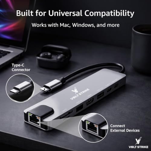 Image of Volt Strike Type C to HDMI Adapter 8 in 1 Multiport USB C Hub, Grey (8)