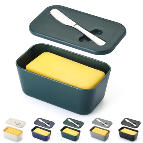 ReaNea Mantequera con tapa para encimera y estante de puerta de refrigerador, contenedor de plástico para mantequilla con cuchillo de mantequilla, fácil de recoger, apto para lavavajillas