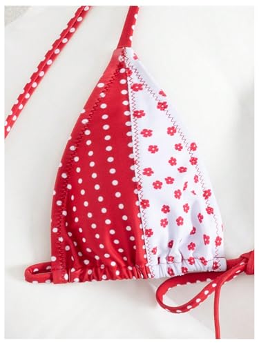 Image of WDIRARA Women's Floral Polka Dots Bikini Sets Triangle Halter String Swimsuit 2 Piece Bathing Suit
