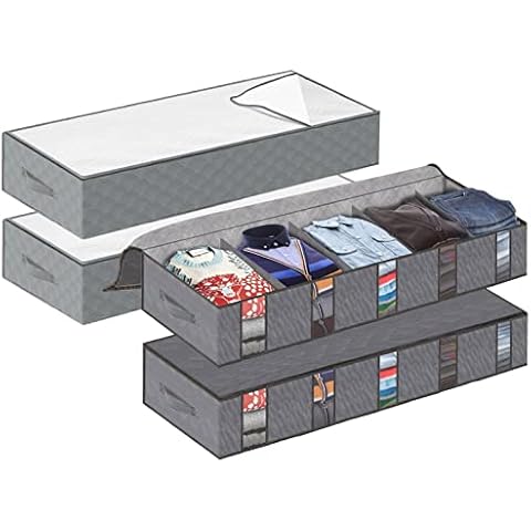 OSTWOLKE Pack of 4 Underbed Storage Bags with Viewing Window Foldable Underbed Storage Bag for Duvets, Blankets, Thin Clothes, Quilts (Grey) Cover