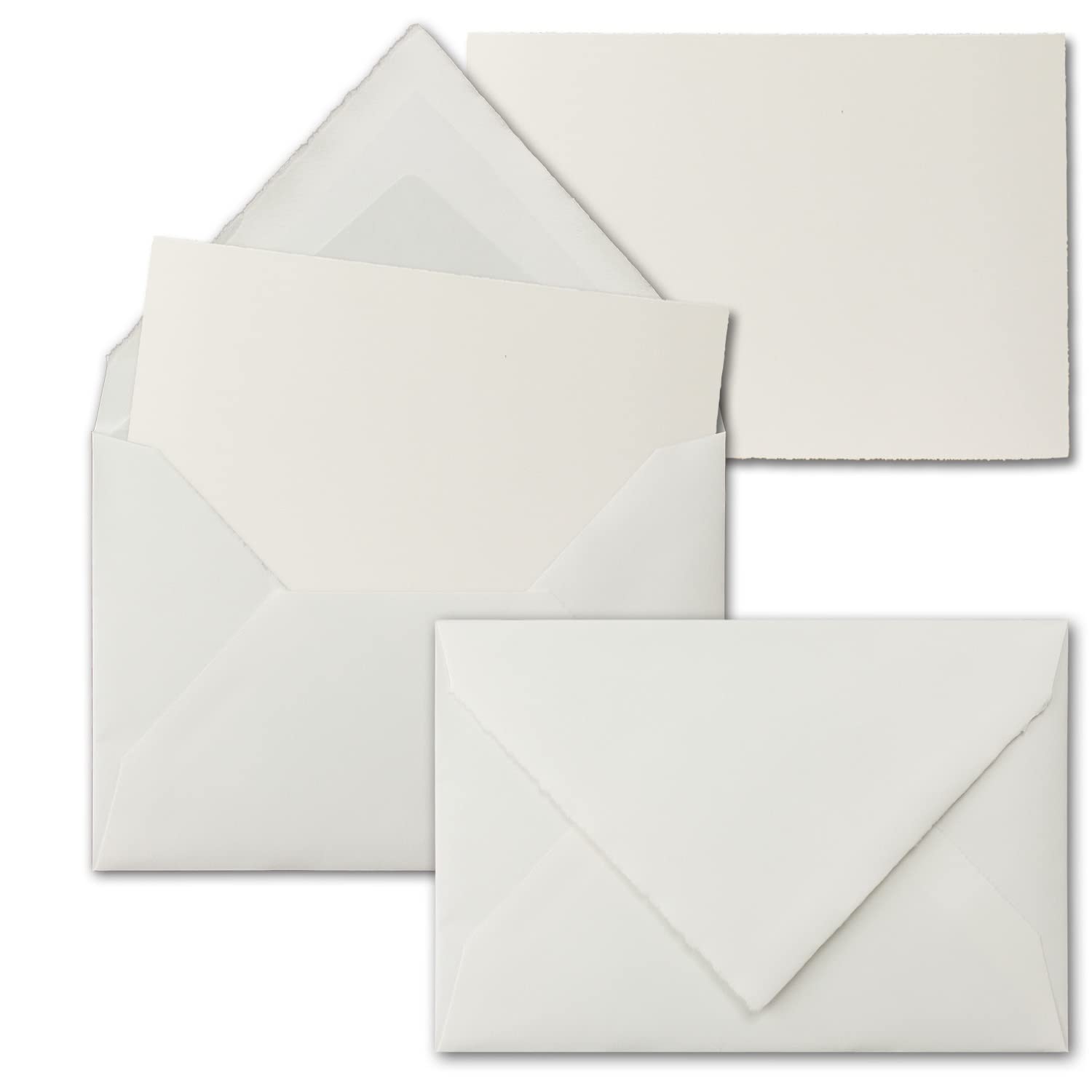 Lot de 50 cartes DIN A6 en papier vergé véritable - Cartes individuelles sans plis avec enveloppes DIN C6 - Blanc naturel