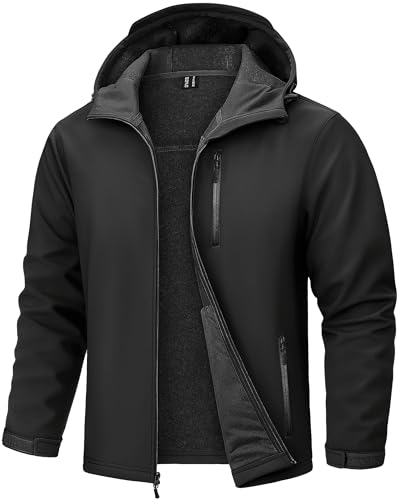 TACVASEN Men's Hooded Softshell Jacket Lightweight Waterproof Fleece Lined Windbreaker Rain Jacket Winter Outdoor Hiking Black, XL