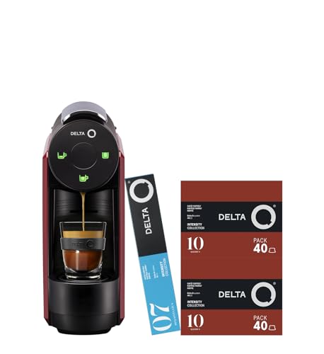 Delta Q - Cafetera de Cápsulas MiniQool - Color Rojo - 19 Bares de Presión - Capacidad 0,6 L - Incluye 80 Cápsulas Intensidad 10 y 10 Cápsulas Descafeinado