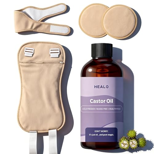 Healo Castor Oil Pack Wrap Kit - Castor Oil 4.23 oz with Reusable Wraps and Adjustable Elastic Straps Castor Oil Patches for Body (Five-piece Set 4.23 oz)