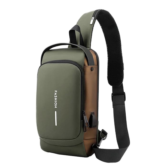 FASTUNBOX (LABEL) Waterproof Polyester Slim Unisex Crossbody Sling Bag Chest Backpack Men's Shoulder Bag, Leisure Travel Handbag, Hard Shell Anti-Theft Chest Bag (Green & Brown)